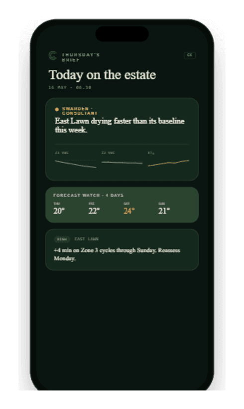 The Greensward app's greenkeeper view on a phone
